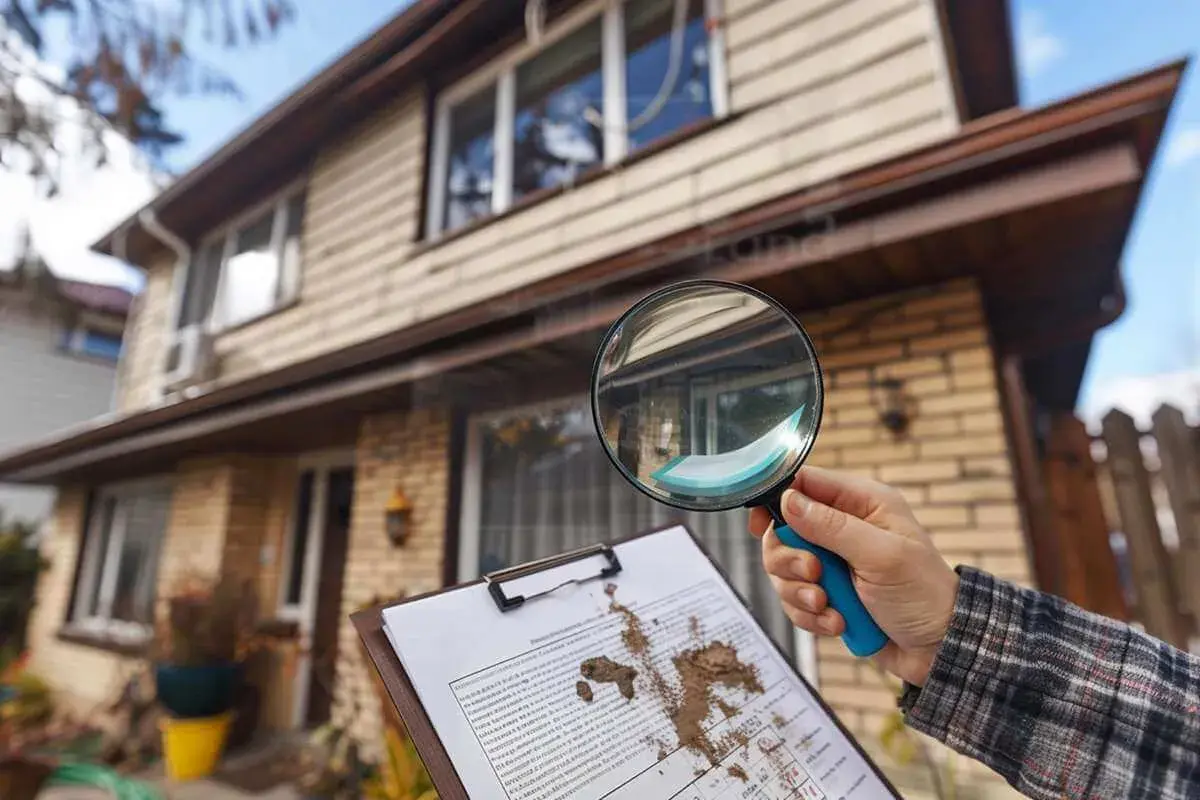 clipboard and magnifying glass inspecting house